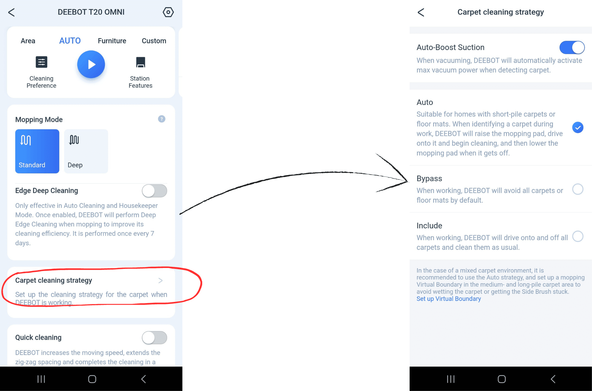 Der Umgang mit Teppichen wird in der ECOVACS DEEBOT T20 OMNI App eingestellt.